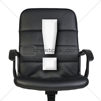 White exclamation mark stands in chair. Isolated on white background