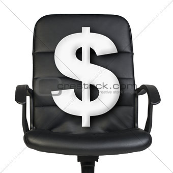 White dollar sign stands in chair. Isolated on white background