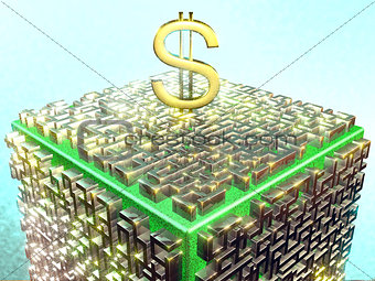 Silver maze with gold dollar sign on a grassy color cube. Fractal art graphics.