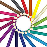 Color pencils in arrange in color wheel colors on white backgrou