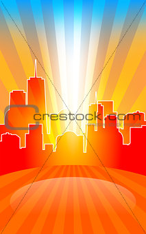 Modern cityscape on retro sunburst pattern with stage and spot o