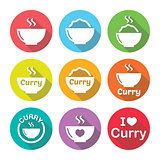 Curry, Indian spicy food icons set