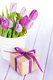 Purple tulip bouquet and gift box