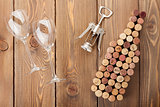 Wine bottle shaped corks, glasses and corkscrew
