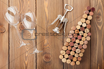 Wine bottle shaped corks, glasses and corkscrew