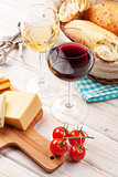 White and red wine, cheese and bread