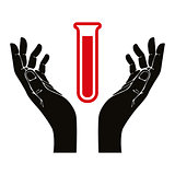 Hands with test tube vector symbol.