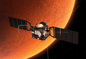 Interplanetary Space Station Orbiting Planet Mars