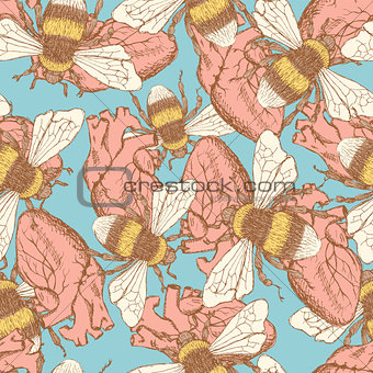 Sketch bee and heart  in vintage style