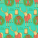 Sketch fancy reindeer with candle and wreath in vintage style