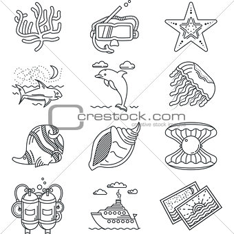 Black line vector icons for tropical rest