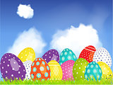 3D Easter eggs selection on a blue sky and clouds