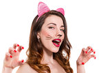 Cat-woman make-up on beautiful young girl. lipstick, nailpolish 