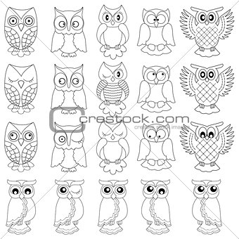 Twenty funny owls black outlines
