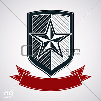 Vector shield with pentagonal star and decorative curvy ribbon, protection heraldic blazon. EPS8