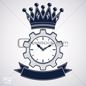 Vector retro cog wheel and clock with crown, business organizer symbol. EPS8