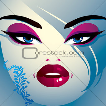 Coquette woman eyes and lips, stylish makeup and hairdo. People 