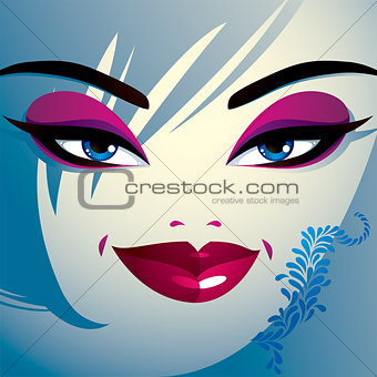 Coquette woman eyes and lips, stylish makeup and hairdo. People 