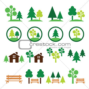 Trees, forest, park vector green icons set