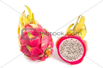 Whole and cut dragon fruits 
