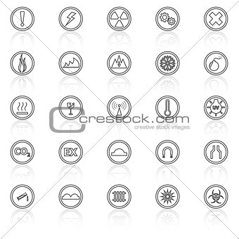 Warning sign line icons with reflect on white background