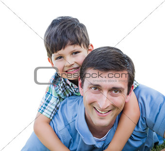 Father and Son Playing Piggyback Isolated on White