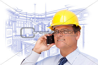 Contractor in Hardhat on Phone Over Custom Kitchen Drawing