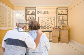 Senior Couple In Empty Room with Shelf Drawing on Wall