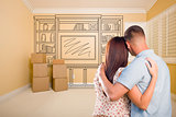 Military Couple In Empty Room with Shelf Drawing on Wall