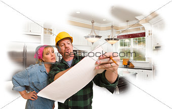 Contractor Discussing Plans with Woman, Kitchen Photo Behind