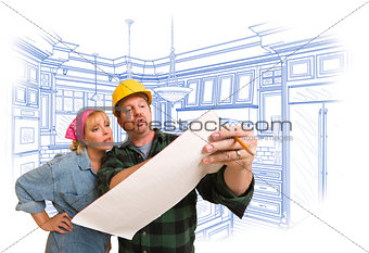 Contractor Discussing Plans with Woman, Kitchen Drawing Behind