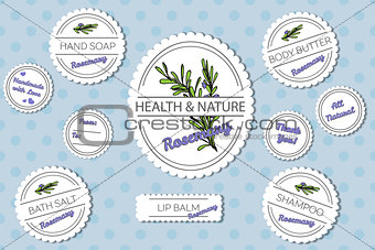 Set of labels for natural bath body products with rosemary