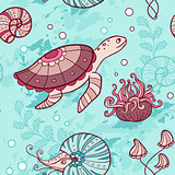 Seamless pattern with turtle and nautilus