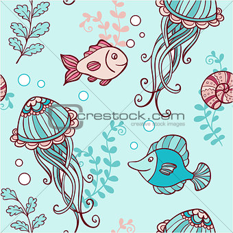 Seamless pattern with jellyfish and fish