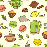 Seamless pattern with teapot and cakes