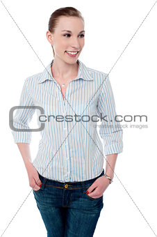 Smiling lady posing isolated over white