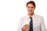 Corporate man holding cold beverage