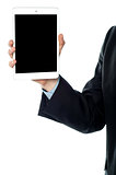 Guy holding tablet pc, cropped image.