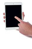 Man hand pointing on touch pad screen