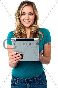 Female model using tablet pc