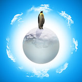 3D penguin on icy globe