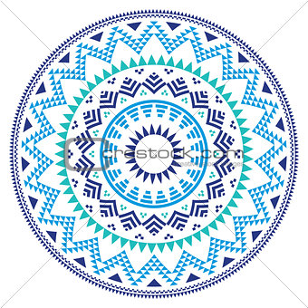 Tribal folk Aztec geometric pattern in circle - blue, navy and turquoise