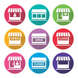 Shop or store, supermarket flat design icons set