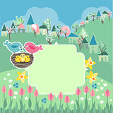 Meadow with spring flowers and birds
