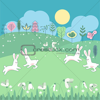 Meadow with spring flowers and funny rabbits