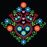 Folk art floral vector pattern on black