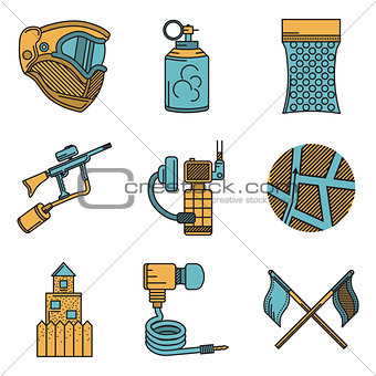 Flat color design vector icons for paintball