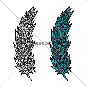 Doodling hand drawn amazing feathers with patterns