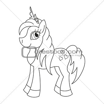 Royal pony with a magnificent mane and tail, coloring book page for children