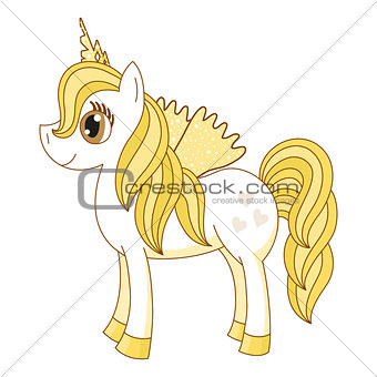 Vector illustration of cute horse princess, royal golden pony